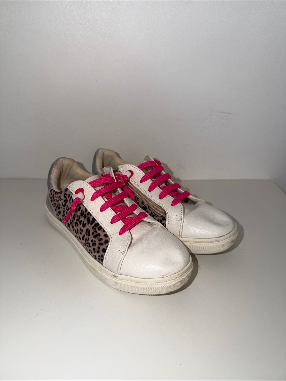 Girls DV Dolce Vita Salister White Leather Sneakers with Leopard Panels